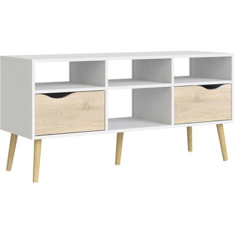 Dmora - Mobile porta TV Aliani, Credenza da soggiorno, Armadio basso per TV, Base parete attrezzata, 117x39 h57 cm, Bianco e Quercia (1/5)