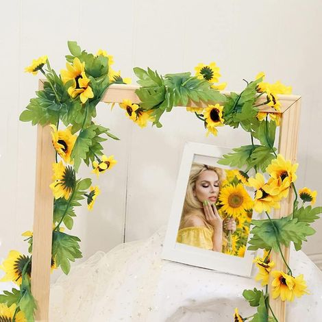 Couronne de tournesols artificiels (lot de 2), guirlande de tournesols en soie, fleurs artificielles, feuilles vertes, fleurs en tissu, fausse guirlande de tournesols pour mariage, table, maison, lois (1/4)