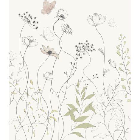 papier peint panoramique fleurs des champs blanc et vert  - Komar