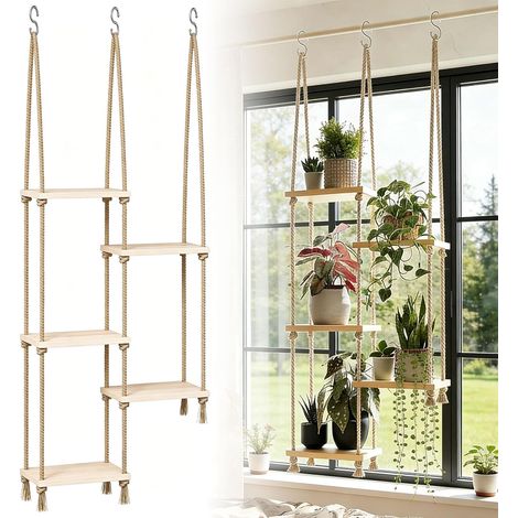 5 Tier Hanging Plant Shelf - 116 cm - Natural Wood + Rope - Adjustable Height - Indoor Flower Holder - Space Saving - For Living Room, Balcony, Veranda - No Drilling  Macrame Plant Shelf Wall Decor fo (1/5)