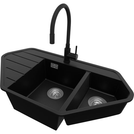 PRIMAGRAN Evier d'angle en Granit 90x50cm, Lavabo Cuisine 1,5 bacs + Kit de Vidage + Accessoire, Évier à Encastrer au meuble 80cm - Copenhague Corner, Noir