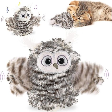 Interaktives Katzenspielzeug mit Eulenflügeln, Vogelgeräusche und Katzenminze, wiederaufladbar, 3 Vibrationsmodi, für drinnen, gegen Langeweile