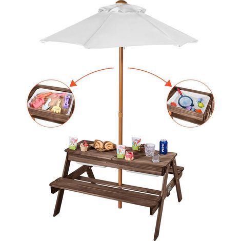 Pratique et modulable : table de pique-nique enfant en bois 3 en 1 avec parasol et 2 bacs pour jeux de sable et eau (1/5)