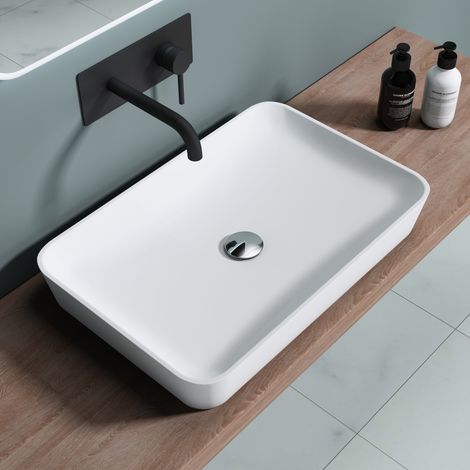 doporro® Lavabo suspendido o Lavabo sobre encimera rectangular en Blanco Mate Colossum815 60x40x9cm hecho de mármol mineral fundido Conexíones DIN (1/5)