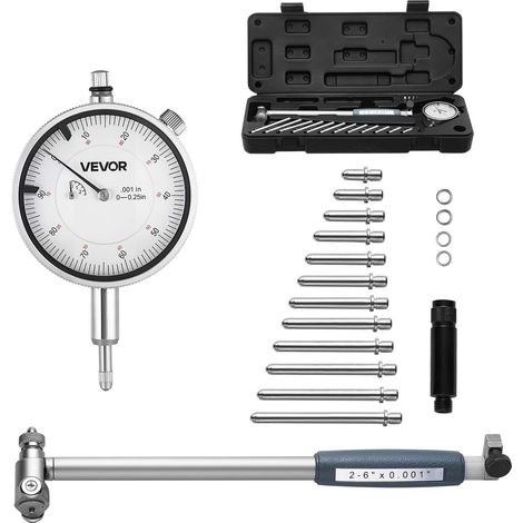 Jeu de jauge d'alésage à cadran, précision 0,03 mm, plage d'alésage de 0 à 6,35 mm, indicateur de test à cadran et vérificateur de diamètre intérieur, avec tige, boîte de rangement et enclumes (1/5)