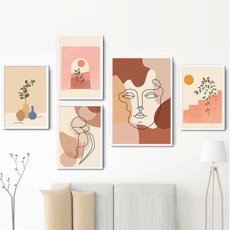 Affiches décoratives murales, lot de 6 affiches minimalistes, style bohème moderne, art abstrait, paysage géométrique, visage de femme, sans cadre, 20 x 25 cm (1/3)