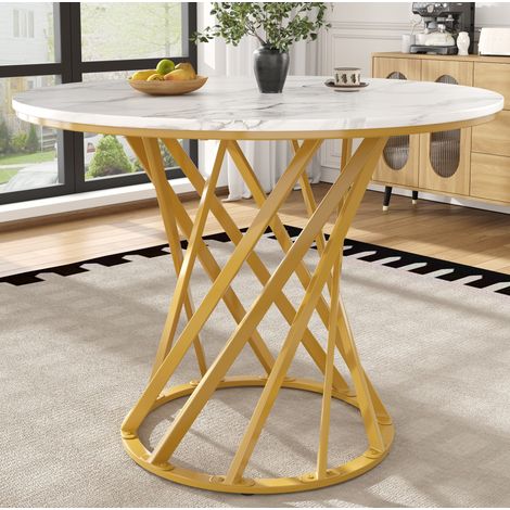 Mesa redonda 80x80x76 cm MDF blanco con patas metal dorado, diseño compacto y polivalente (1/5)