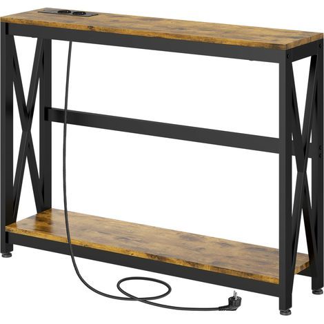 Schmaler, zweistufiger Konsolentisch im Industriestil mit Steckdosen und USB-Anschlüssen. 100 x 24 x 75 cm. Braun.
