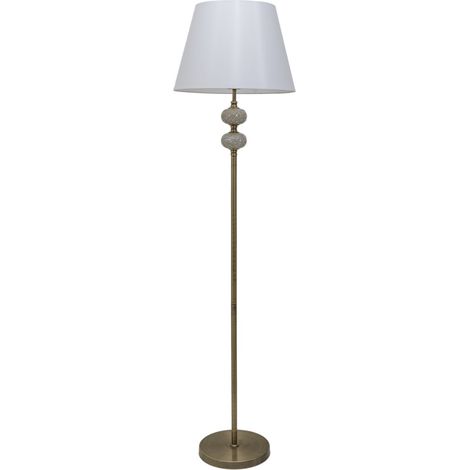 Pie de salón cuero con dos bolas mosaico ámbar pantalla lona blanca 1xE27