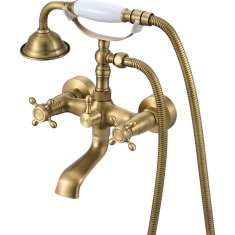 Auralum Max - Robinet mural en laiton antique rétro - Double poignée croisée - Mitigeur de baignoire mural en laiton - Cartouche céramique – Tuyau flexible 150 cm (1/5)