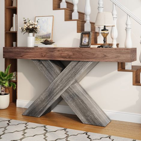 Table console étroite à pieds en X, bois effet chêne, panneaux de particules, meuble d'entrée, table d'appoint pour salon et couloir, 2 pièces (1/5)