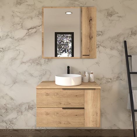 Meuble de salle de bain avec vasque à poser ronde et miroir avec armoirette - roble (chêne clair) - KING - 80cm (1/5)