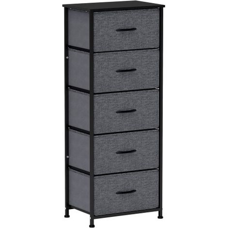 Industrial Fabric Chest of Drawers with 5 Storage Bins,Steel Frame and Wooden Top for Nursery,Living Room,Hallway in Dark Grey