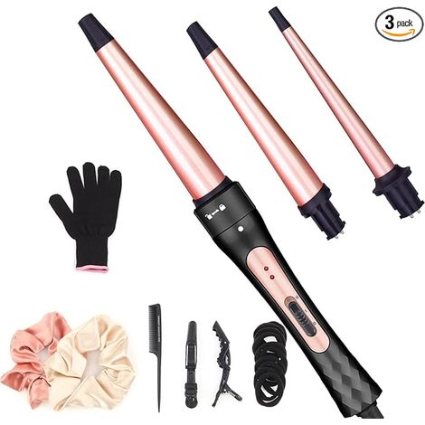 Fers à Boucler Set, Fer à Friser Boucleur Céramique Interchangeable pour Boucles Grandes, Petites et Ondulées, Boucleur Cheveux avec Gants