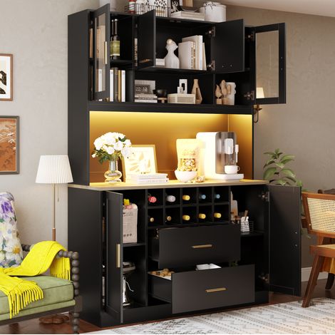 Credenza alta da cucina 120x36,3x180 cm con LED, presa, 6 ante e 2 cassetti nera OKWISH (1/5)