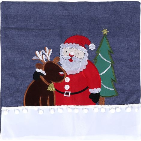 Housse de coussin imprimée et brodée Noël, Élan bleu et Père Noël, fermeture éclair cachée, décoration d'intérieur (1/5)