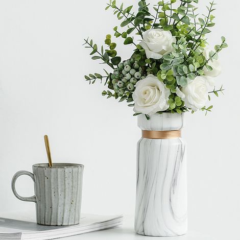Vase en céramique blanche, motif marbre imprimé par transfert d'eau, idéal pour la chambre, le salon, un café, un restaurant ou un bureau. (1/5)