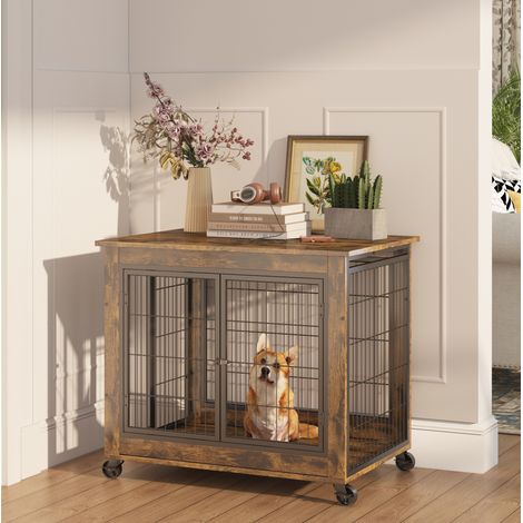 Gabbia per cani stile mobile con doppia porta, tetto apribile e ruote, marrone e nero DESVIAE (1/5)