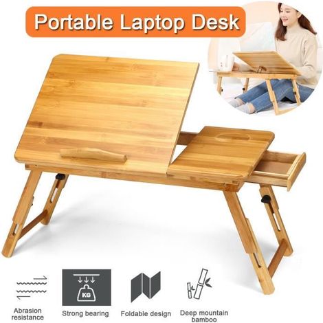 Table de Lit avec 1 Tirroir Réglable en hauteur Support PC Pliable en bambou Multifonction (1/4)