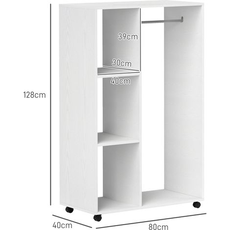 Penderie roulante blanche avec tringle et 3 tablettes, armoire mobile sur roulettes pour couloir ou chambre, rangement compact 80x40x128 cm. (1/5)