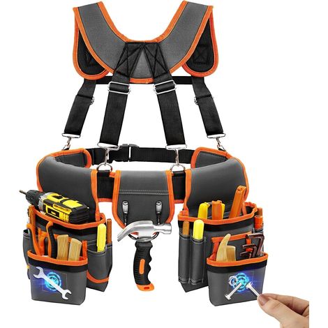Ceinture à outils, ceintures à outils professionnelles pour hommes, pochette à outils magnétique avec bretelles, ceinture utilitaire robuste, amovible et réglable, sacs de travail pour électriciens et (1/5)
