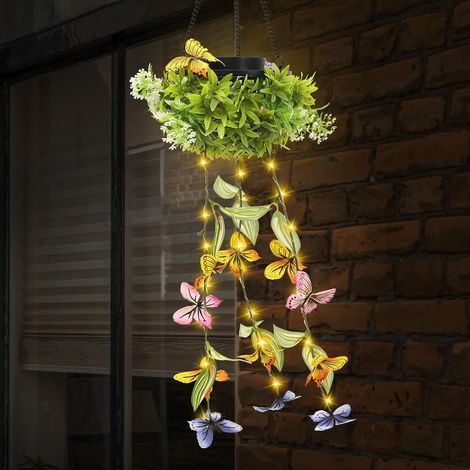1 lampe solaire plante artificielle suspendue vigne papillon, guirlande lumineuse étanche facile à poser pour balcon clôture et cour (1/5)