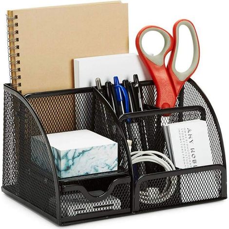 Organiseur De Bureau - 9 Compartiments + Tiroir Coulissant - Pour Stylos Crayons Et Accessoires De Bureau - Noir - 1 Pièce (1/5)