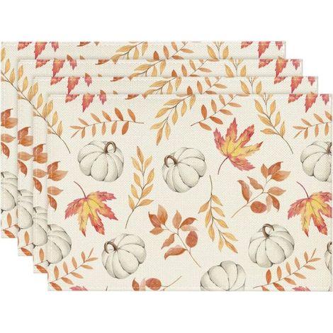 Set aus 4 herbstlich gestalteten Platzsets mit orangefarbenem Kürbis- und Ahornblattmotiv, 30 x 45 cm, für Partydekorationen in Küche und Esszimmer.