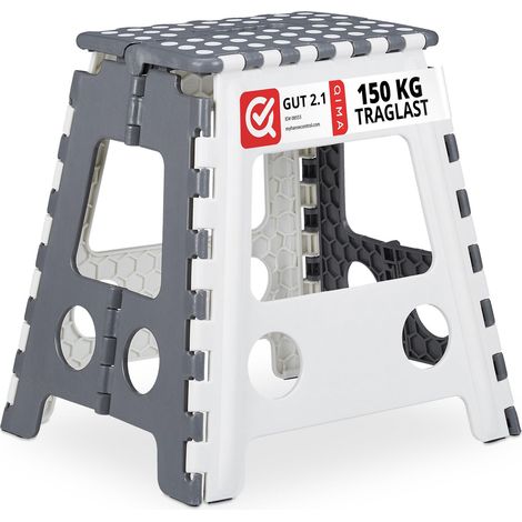 Tabouret XL Pliant, escabeau, Une Marche, avec poignée, 120 kg, Plastique, 39,5 x 38,5 x 32 cm, Gris/Blanc (1/5)
