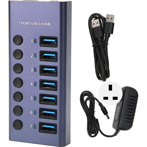 Hub USB 3.0 7 ports 5Gbps 5V 2.4A 36W avec interrupteurs individuels et voyants LED, station d'accueil pour PC et téléphone, prise UK 100-240V (1/5)