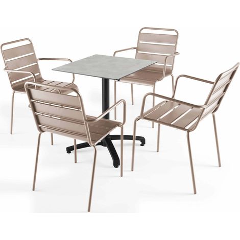 Ensemble table 60 cm gris clair et 4 fauteuils en métal taupe (1/5)
