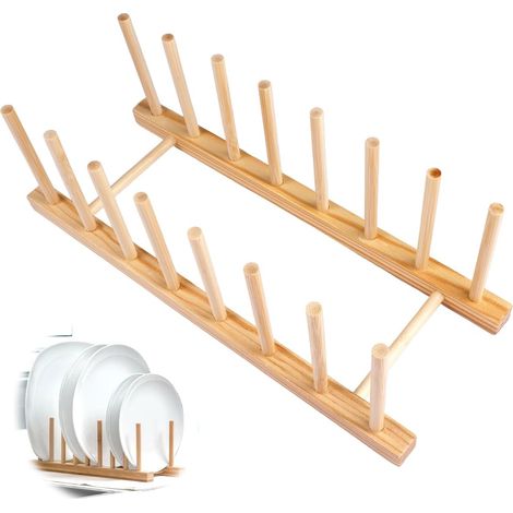 Egouttoir Vaisselle Bois, 7 Emplacements et Espacement 3 cm, 30x11,5x10 cm Organiseur D'assiettes en Bois pour Ranger Assiettes, Tasses, Couvercles de Casseroles, Livres, Pot, Planche à Découper (1/5)