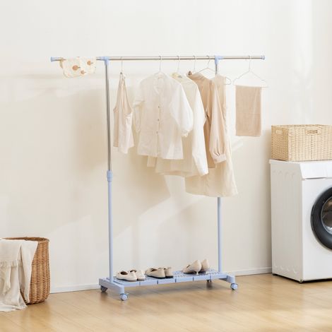Corde à linge extensible 159x42x168 cm bleu avec roues avec barre et porte-chaussures en acier inoxydable et argent (1/4)