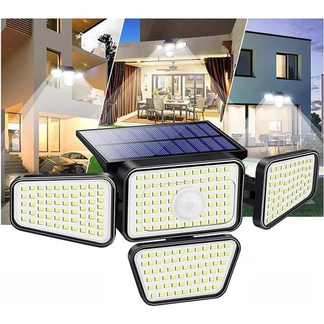 Luz solar con sensor de movimiento, 270 LED, 3 modos, IP65, resistente al agua, 4 cabezales LED para jardín y garaje.