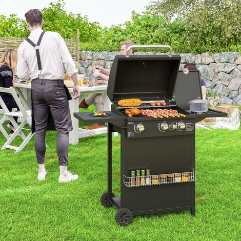 Gasgrill mit 3+1 Brennern aus Stahl, 9,5 kW Leistung, Gartengrill mit 2 Grillrosten, Seitenablagen, 2 Rädern, schwarz