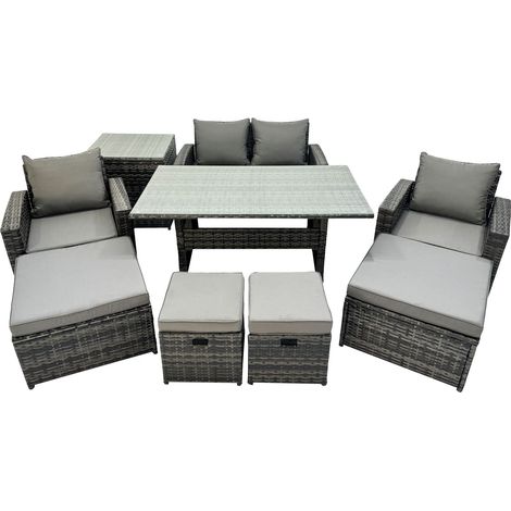 Fimous 8 Seater Wicker PE Rattan Furniture Outdoor Dining Table Double Seat Sofa Side Table 4 Stools Set Dark Grey Mixed (1/4)