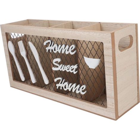 Support rangement ustensiles cuisine, pot mural, porte-couverts bois, panier fer stockage (1/4)