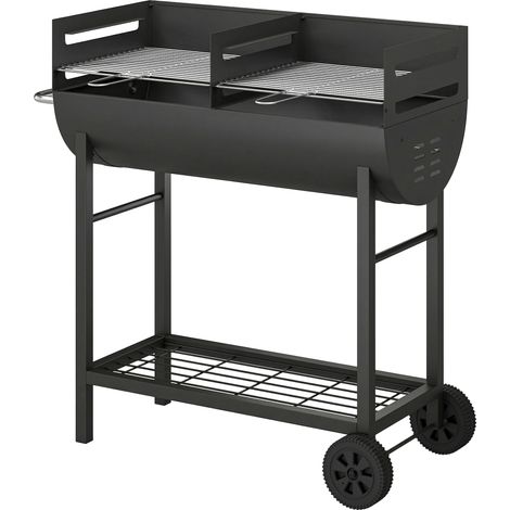 Holzkohlegrill auf Rollwagen, 2 Grillzonen, höhenverstellbarer Grillrost, Holzablage, seitlicher Griff, 103 x 46,5 x 100 cm