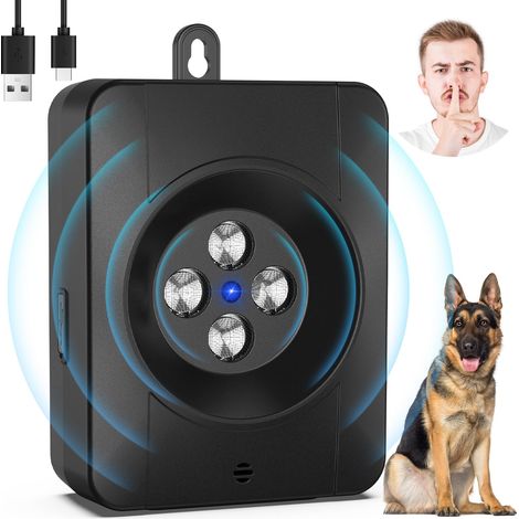 Dispositivo antiabbaio, 3 modalità antiabbaio automatico per cani con 4 trasmettitori a ultrasuoni, dispositivo antiabbaio audio e a ultrasuoni, ricaricabile e impermeabile, per interni ed esterni. (1/5)