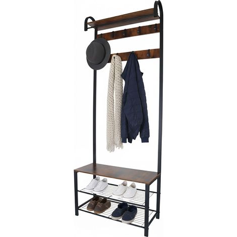 Relaxdays Appendiabiti, panca con 2 ripiani, 9 ganci, ripiano per cappelli, HLP 182 x 69 x 30 cm, nero/brown