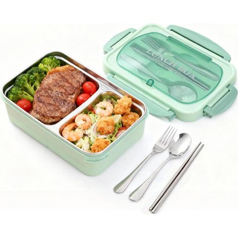 Boîte à lunch portable isolée Boîte à lunch d’étudiant en acier inoxydable 304 avec deux compartiments pour adultes, étudiants(vert)