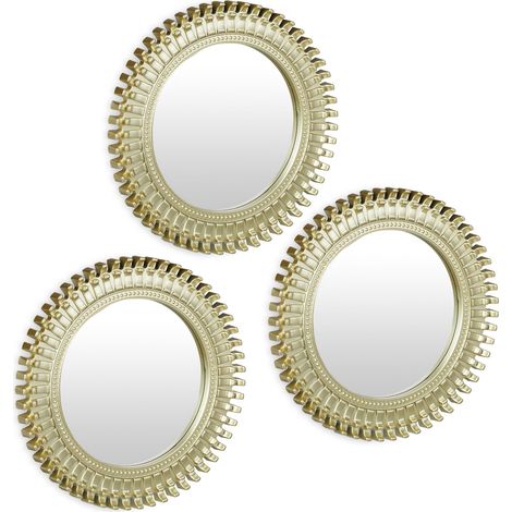 Relaxdays Set da 3 Specchi Decorativi, per la Parete, Rotondi, Cornice in Plastica, Motivi Ornamentali Ø 25 cm, Oro