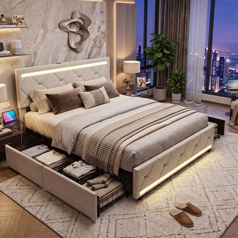 Creahappy Lit Capitonnè 140x190 cm avec 4 Tiroirs - Gain de Place - LED & Prises USB - Tissu Velours Beige Modern (1/5)
