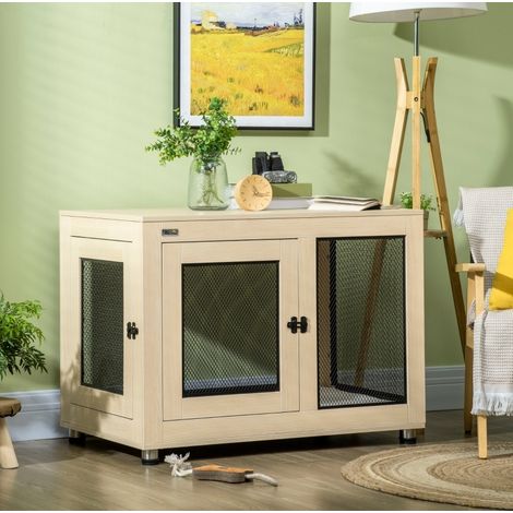 Box pour chien verrouillable à 2 portes, design moderne en bois clair et métal, avec coussin déhoussable lavable, 94 x 60 x 71,5 cm, pour grand chien - CHICFURN (1/5)