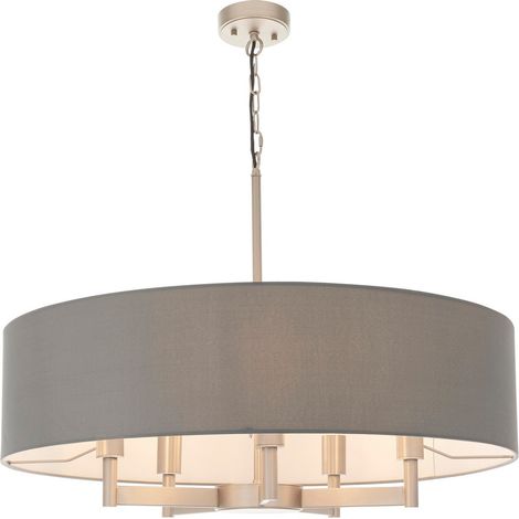 Endon Grande Plafonnier à suspension cylindrique en nickel mat, tissu gris, 5 ampoules E27 (1/5)