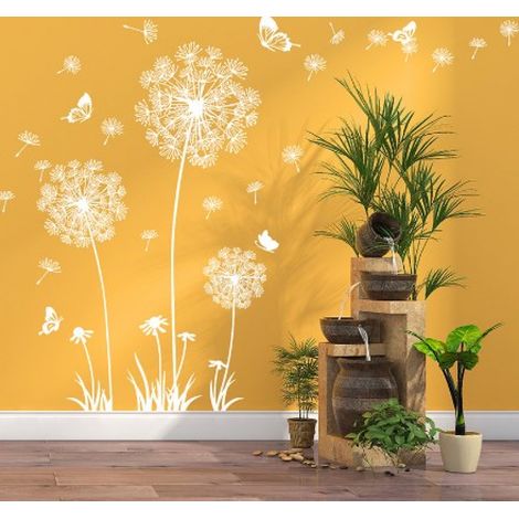 Lntyq Löwenzahn-Wandaufkleber, abnehmbar, weiße Blumen, Schmetterlinge, Wandtattoos für Wohnzimmer, Schlafzimmer, Büros, Sofa, Hintergrund, Heimwanddekoration (1/5)