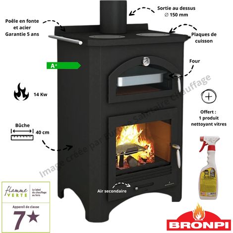 Bronpi – Cuisinière à bois 14 kW avec four et plaque de cuisson – Rendement 85% – Capacité bûches 40 cm – Design rectangulaire en fonte (1/5)