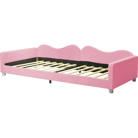 Cama infantil tapizada 90x200 cm de tela teddy rosa con respaldo y reposabrazos (1/5)