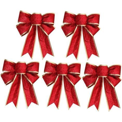 5 Weihnachtsschleifen aus glitzerndem rotem Stoff, ca. 12–14 cm breit (1/5)