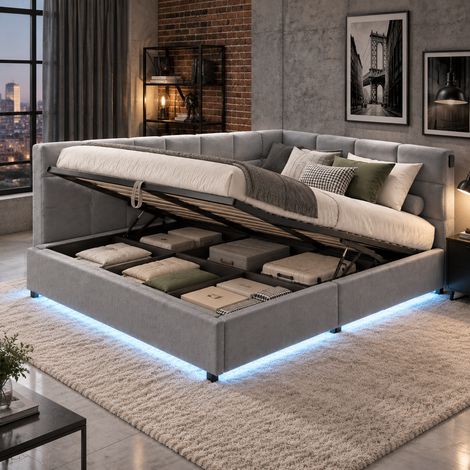lit coffre 90x200 cm avec sommier, Canapé lit avec rangement hydraulique, lit banquette avec LED et USB, gris velours, pour ado chambre moderne